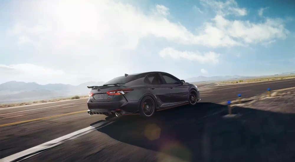 A black 2024 Toyota Cary TRD is shown from the rear at an angle after leaving a Toyota dealer near Aurora, IL.