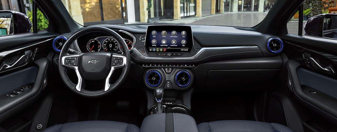 The black interior of a 2025 Chevy Blazer is shown.