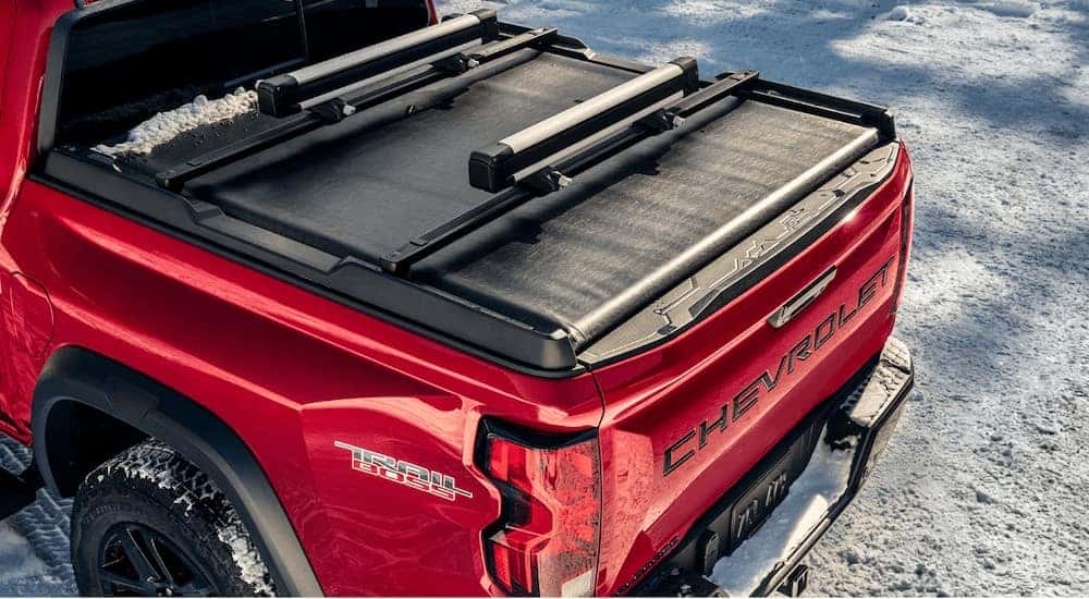Close-up of the rear-end on a red 2025 Chevy Colorado Trail Boss.
