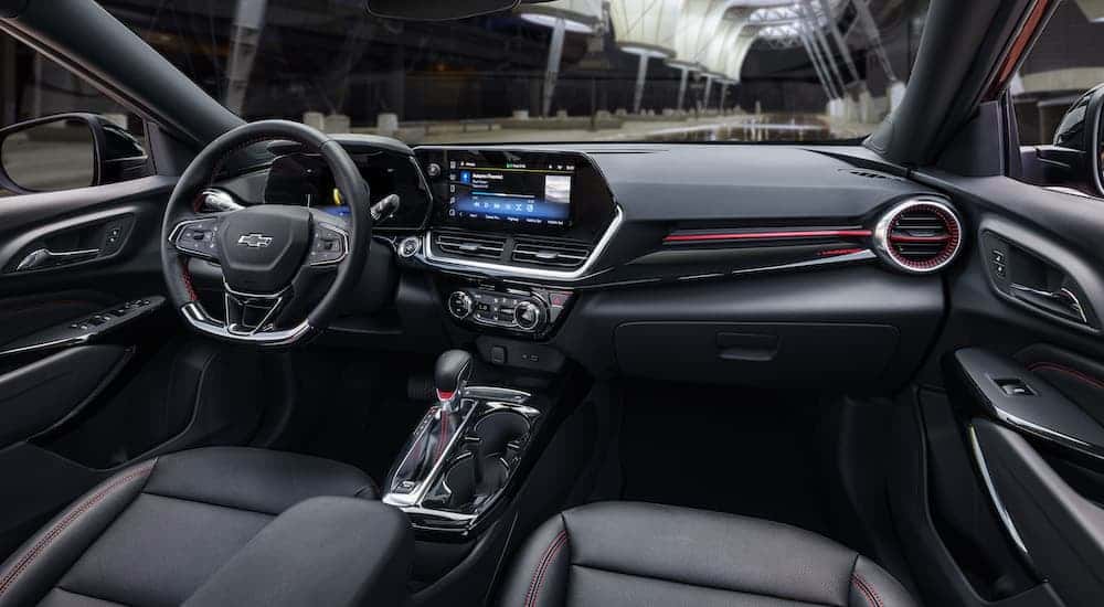 The black interior of a 2025 Chevy Trax.