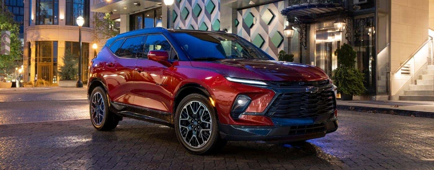 A red 2023 Chevy Blazer from the front at an angle.