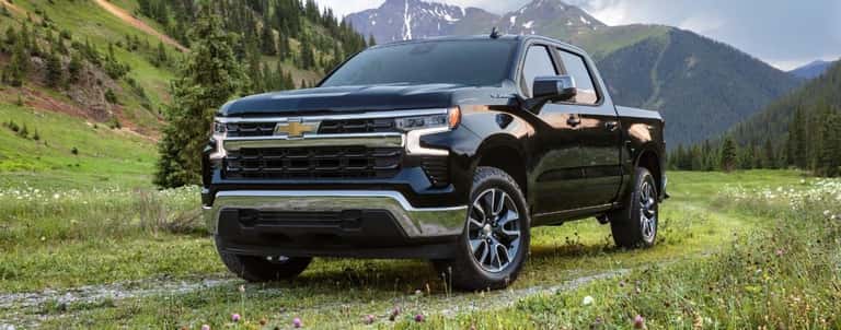 A black 2025 Chevy Silverado 1500 from the front.