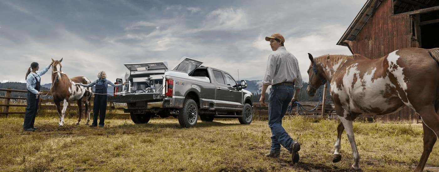 Grey 2023 Ford F-350 parked on a farm with horses