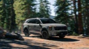 A grey 2024 Kia Sorento is driving on a wooded trail.