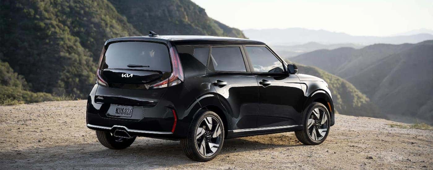 Rear view of a black 2024 Kia Soul parked at a mountain overlook.