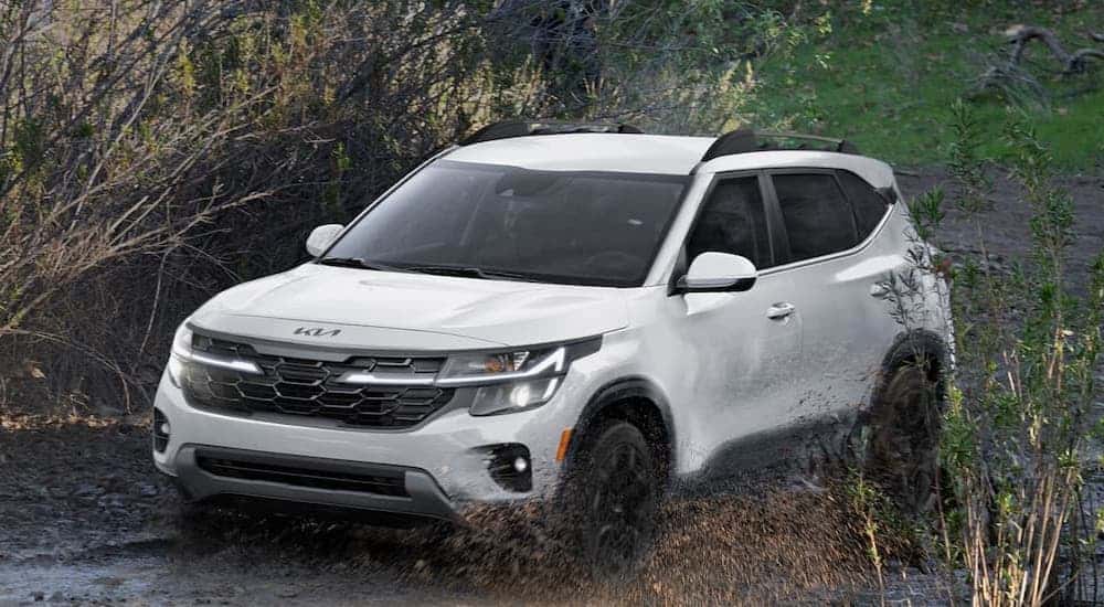 A white 2025 Kia Seltos is shown from the front..