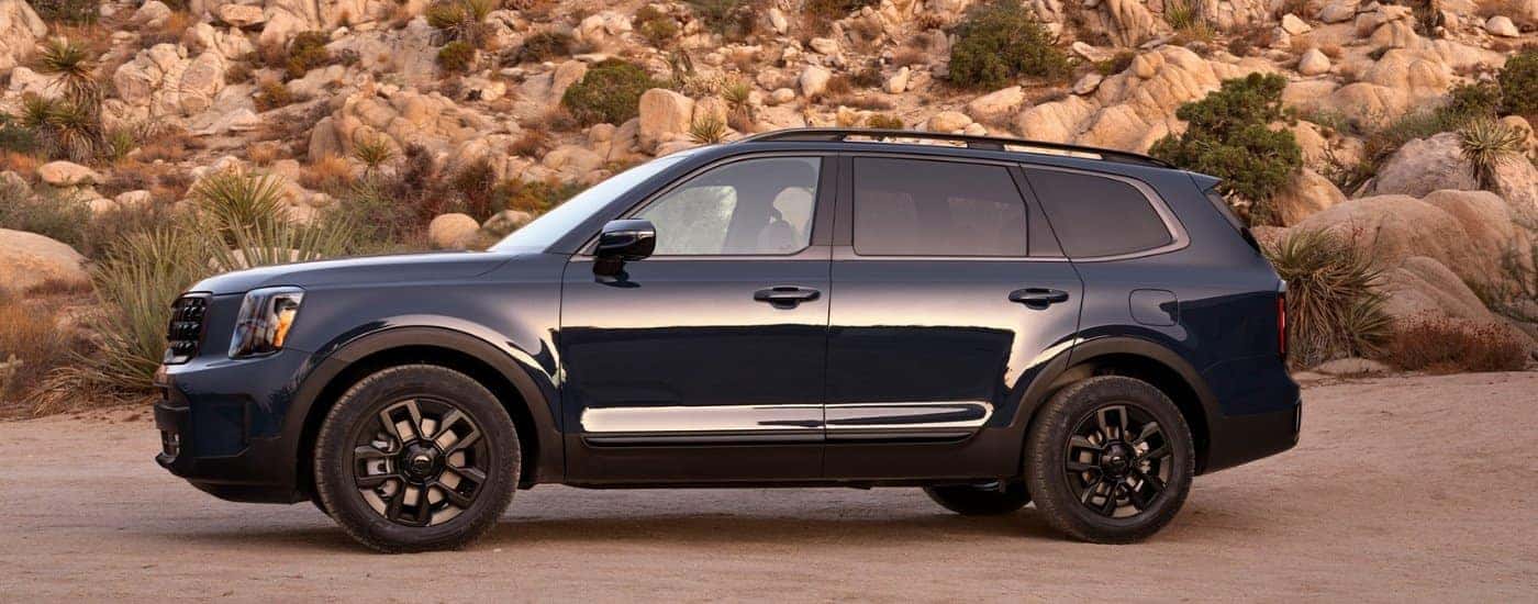 A blue 2025 Kia Telluride is shown from the side.
