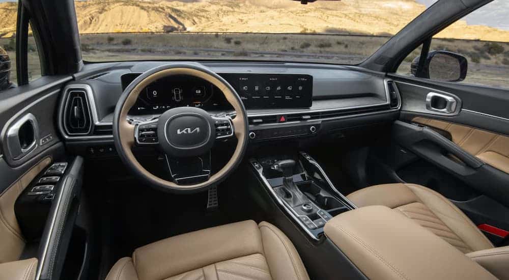 Black and tan leather interior in a 2025 Kia Sorento for sale near Jacksboro