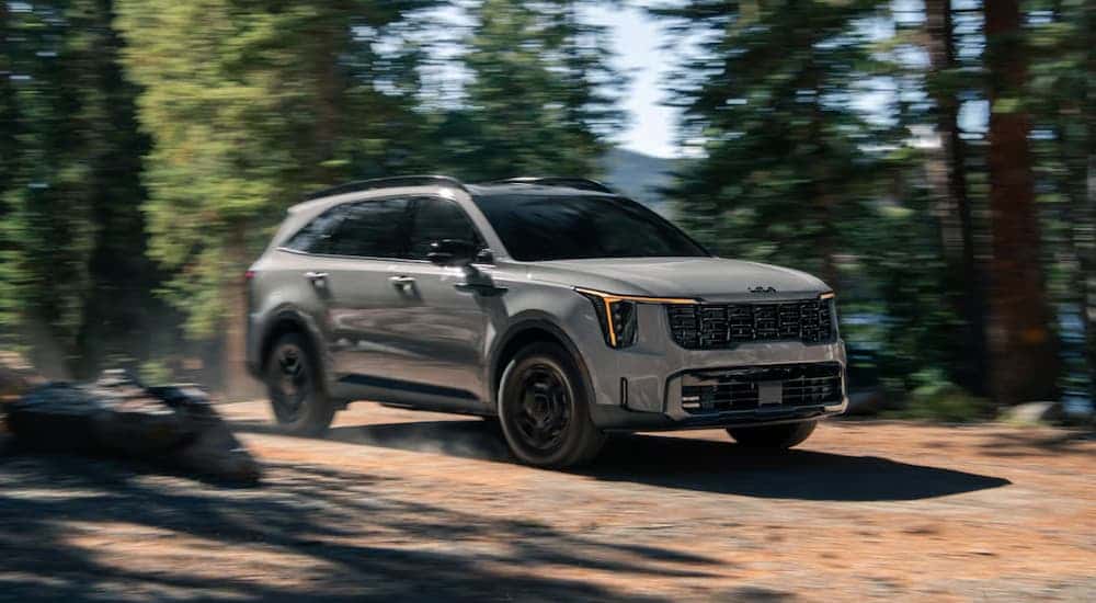 A gray 2025 Kia Sorento driving off-road on a trail