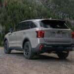 Rear view from an angle of a green 2026 Kia Sorento for sale near Jacksboro.