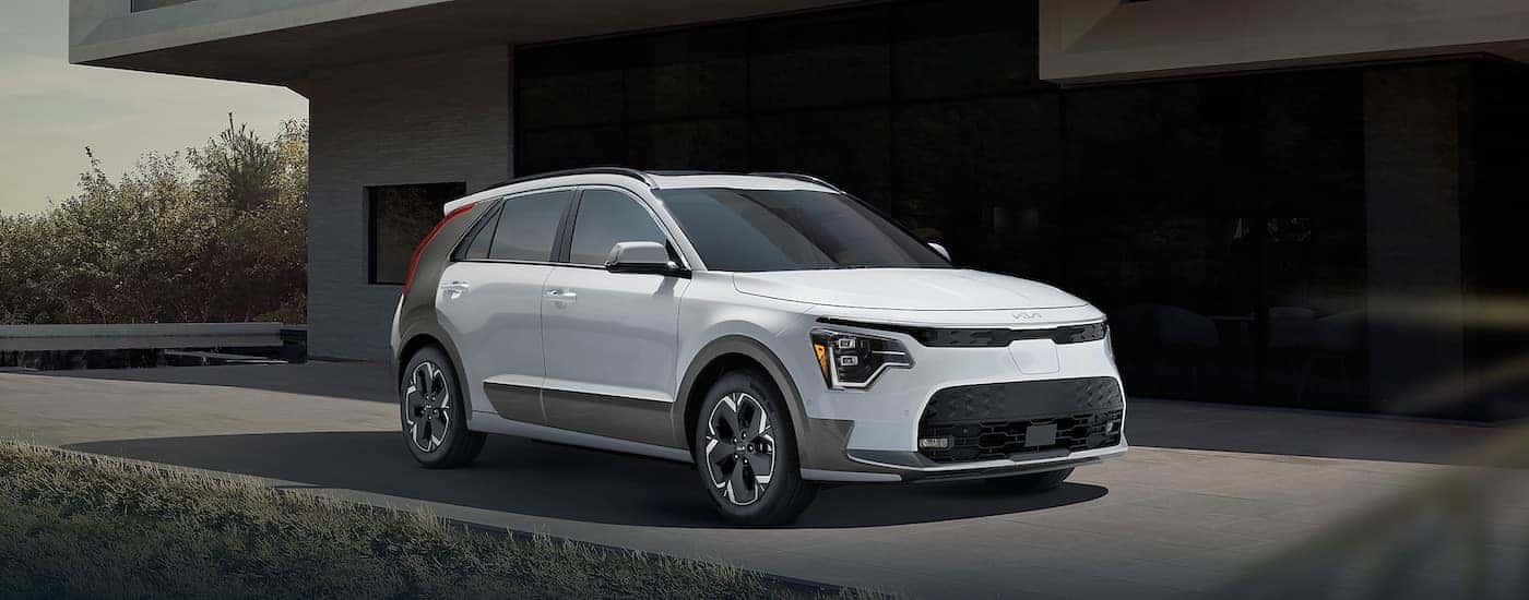A white 2024 Kia Niro EV from the front.