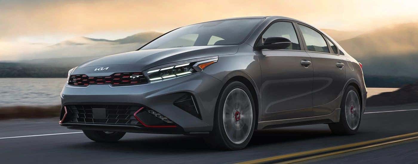Low angle view of a silver 2023 Kia Forte GT