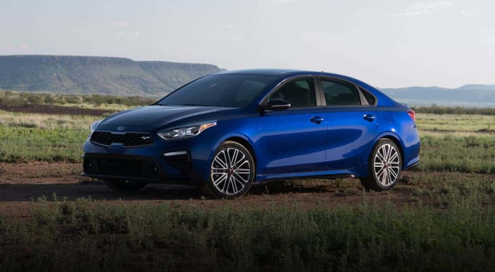 Blue 2020 Kia Forte parked in a field
