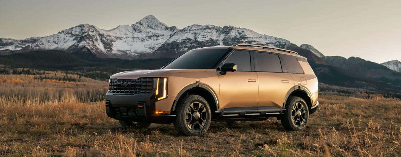 Brown Matte 2027 Kia Telluride X-Pro in a field with snowy mountains in the background.