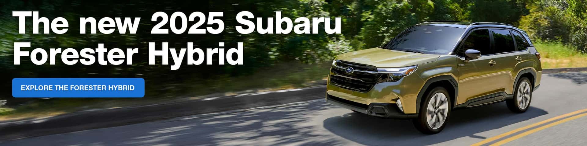 Green 2025 Subaru Forester Hybrid driving on road with trees in background