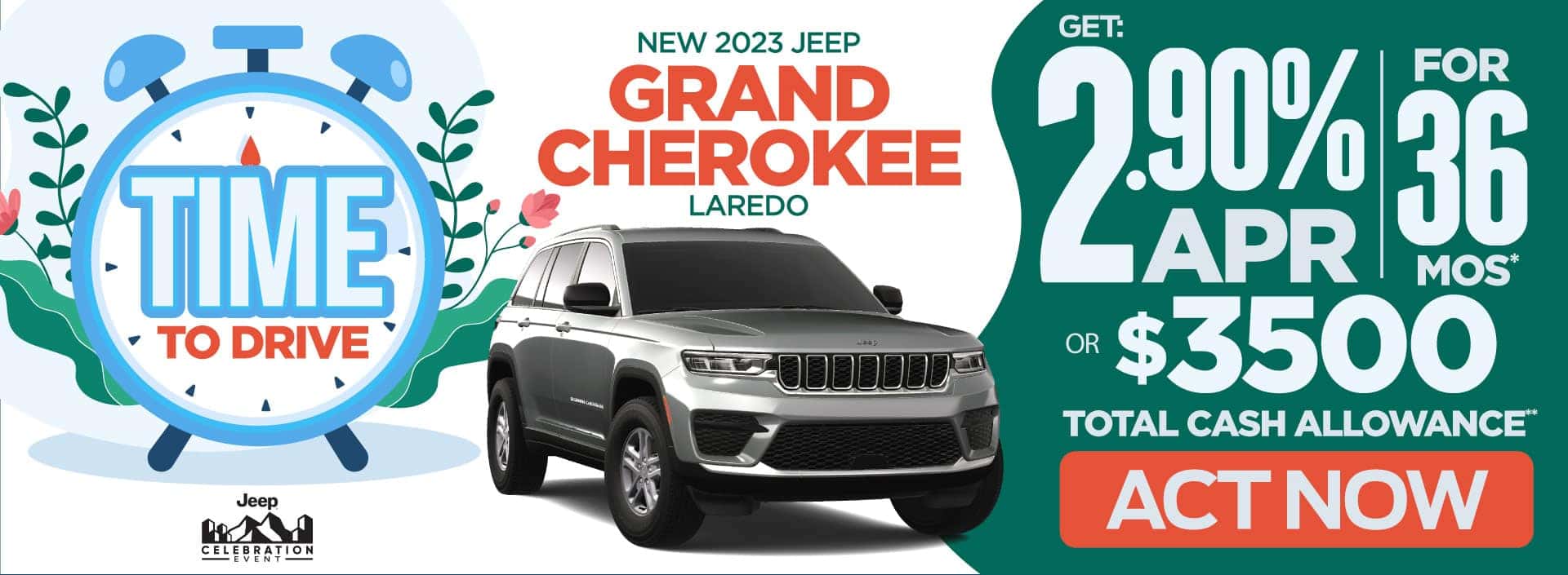 New 2023 Grand Cherokee Laredo - Get 2.90% APR for 36 mos* or $3,500 total cash allowance - Act Now