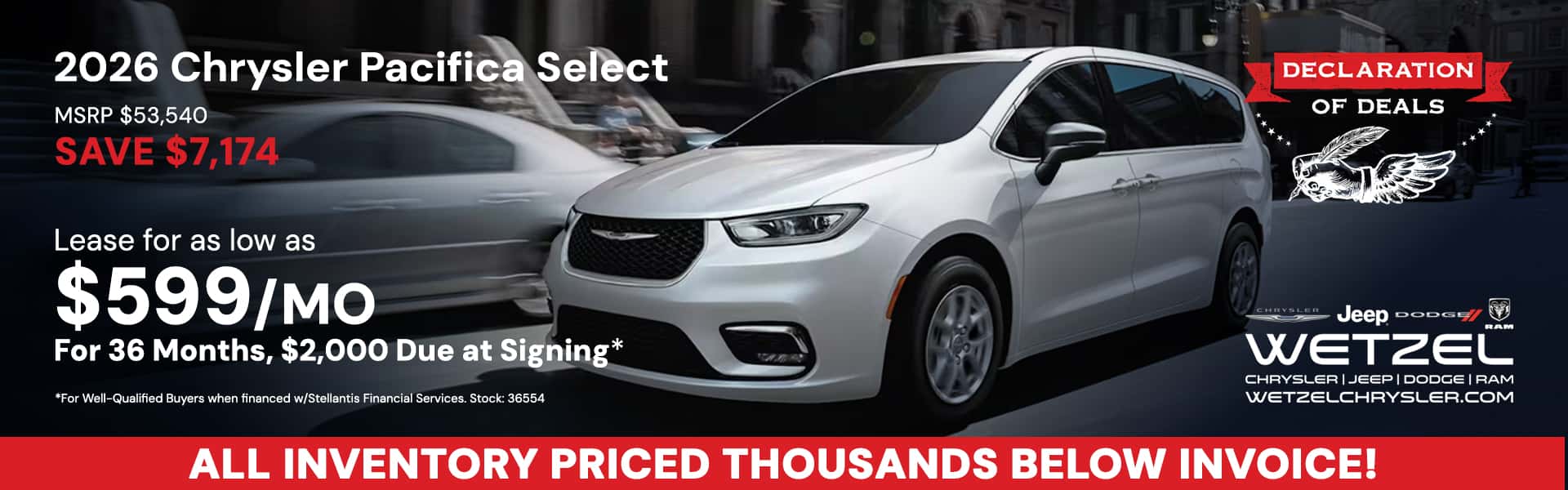 2026 Chrysler Pacifica Select $599/month Save $7,174