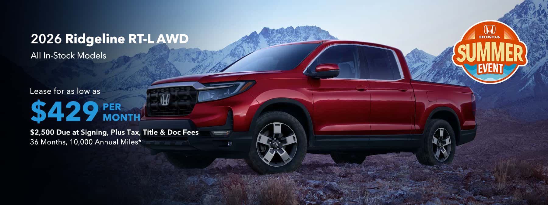 2026 Honda Ridgeline RTL AWD - $429 Per Month