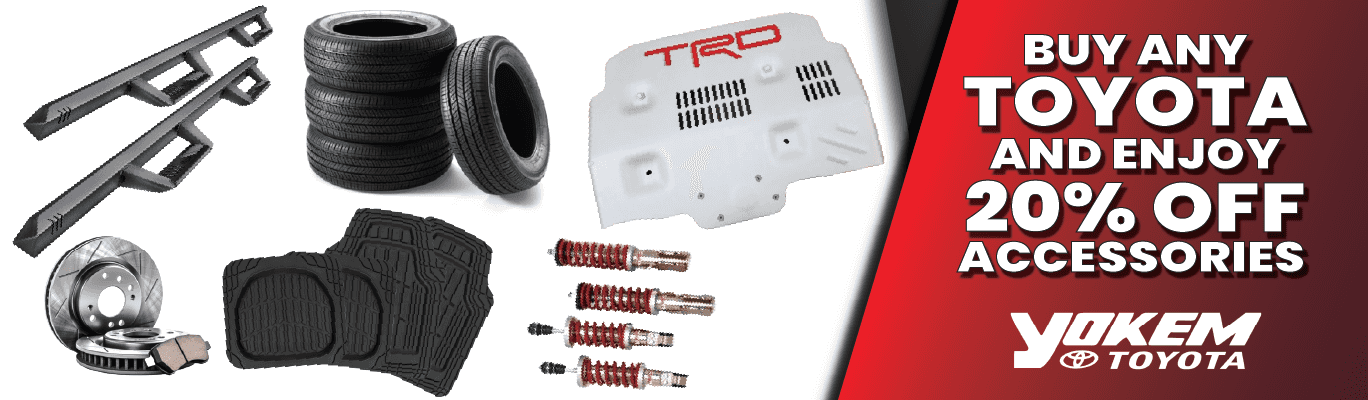 arious Toyota accessories, including tires, running boards, TRD skid plate, and brake rotors, with a "20% off accessories" promotion for new Toyota buyers.