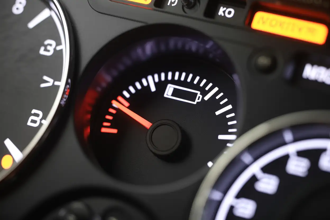 Dashboard gauge showing weak battery voltage