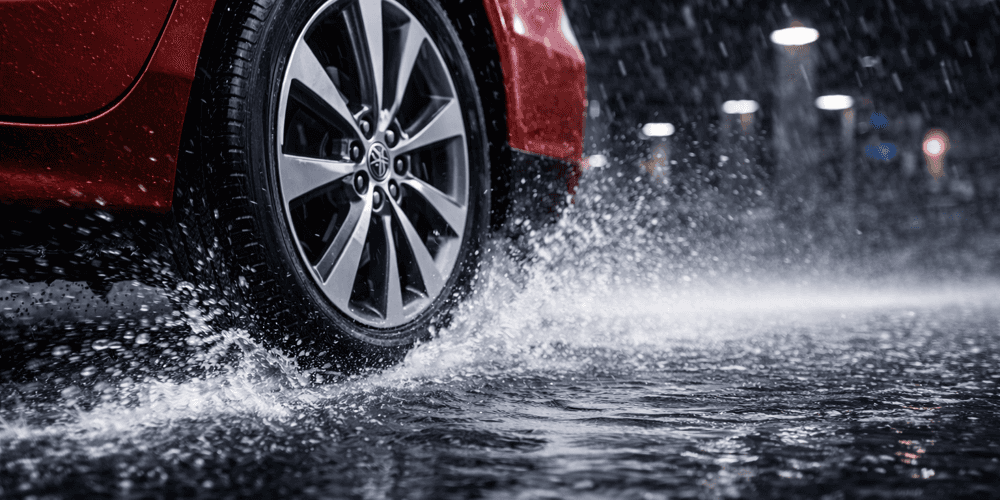 Vehicle driving on a wet road to illustrate the risk of worn tires and hydroplaning