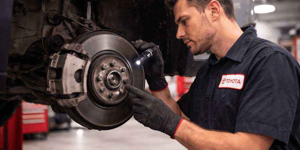 Technician performing a detailed Toyota brake inspection
